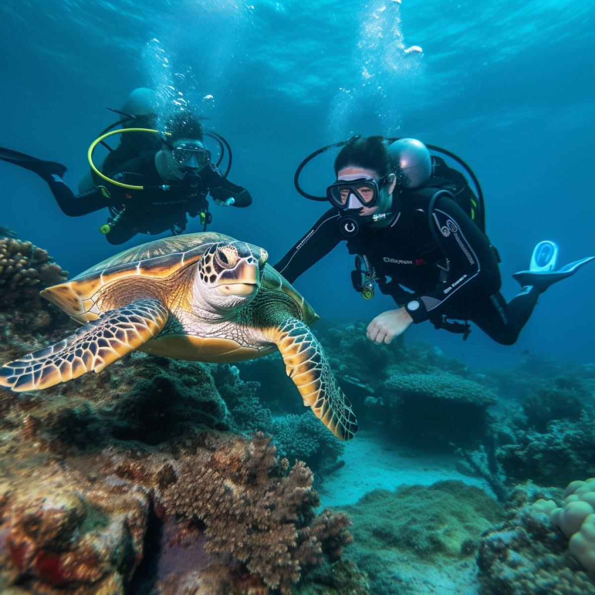 Subaquatic storytelling with wise turtle guides. Divers encounter wise, ancient turtles with intricate shell patterns that tell tales of the oceans history. The turtles, adorned with mystical symbols, guide divers through submerged caves and underwater ruins, narrating the stories of lost civilizations and forgotten secrets. The dive becomes an immersive journey into the oceans lore, led by the sagacious turtles of the deep.