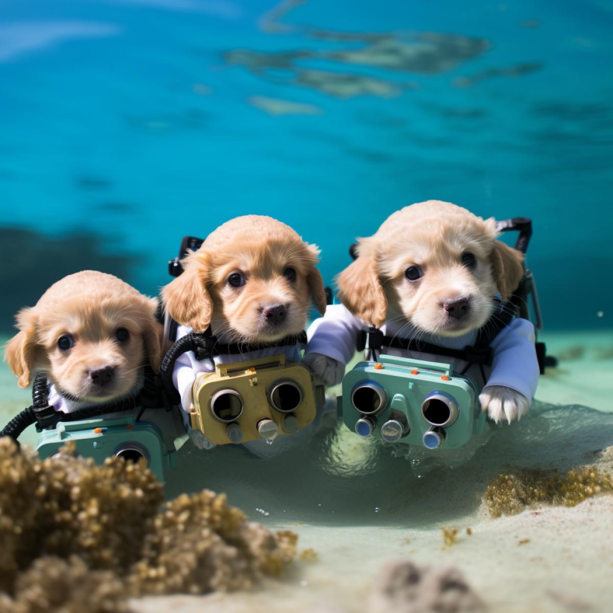 Subaquatic Treasure Hunt with Diving Puppies. Photo a group of irresistibly cute puppies with bespoke diving gear, each carrying a small waterproof treasure map in their jaws. Divers follow these adventurous puppies through vibrant coral reefs and ancient shipwrecks, searching for hidden underwater treasures. The playful antics of the diving puppies add a whimsical touch to the expedition, creating a lively and enjoyable underwater quest.