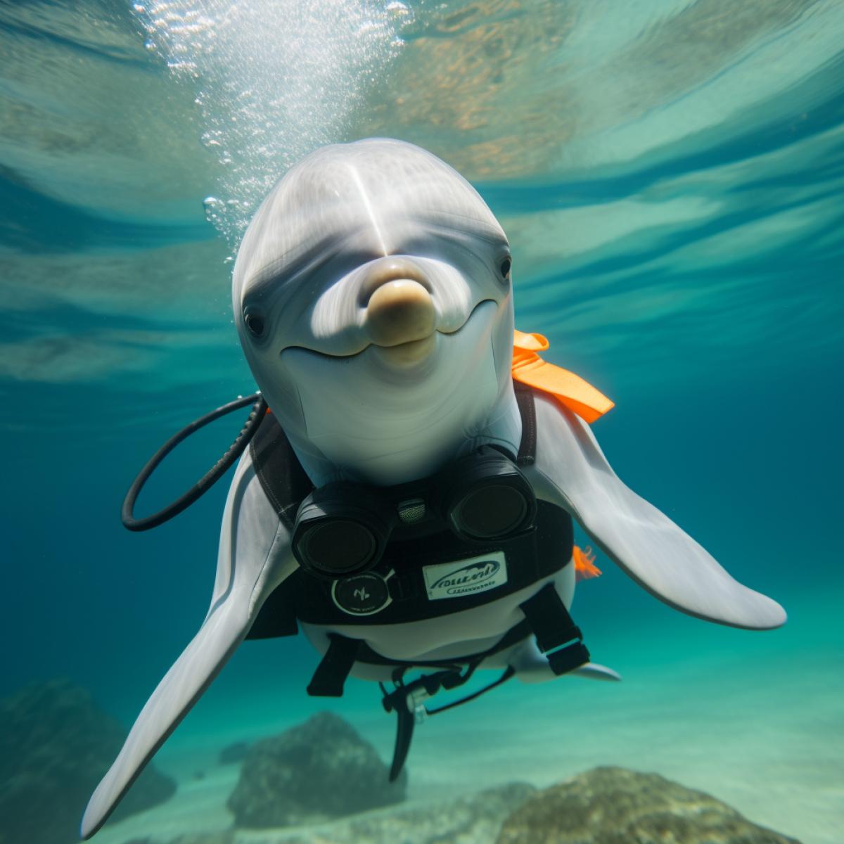 Paws and Fins Expedition: A Puppy-Dolphin Dive. Envision a unique dive experience where puppies and dolphins collaborate as dive buddies. The puppies, equipped with streamlined underwater helmets, ride on the dorsal fins of dolphins, exploring the ocean depths together. The harmonious interaction between the playful puppies and the intelligent dolphins turns the dive into a heartwarming underwater friendship adventure, full of joy and shared exploration.