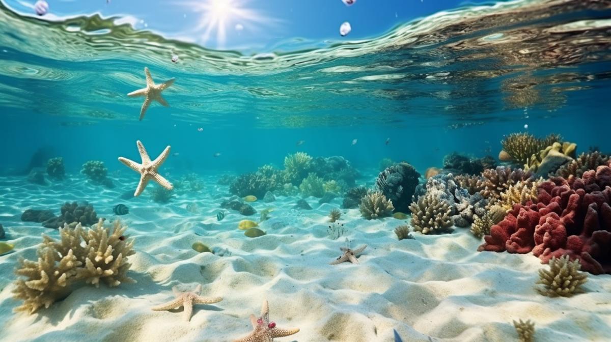 point of view shot of the crystal clear waters tropical sea, crabs, fish, starfish are visible under water, photorealistic, highly detailed, 8k