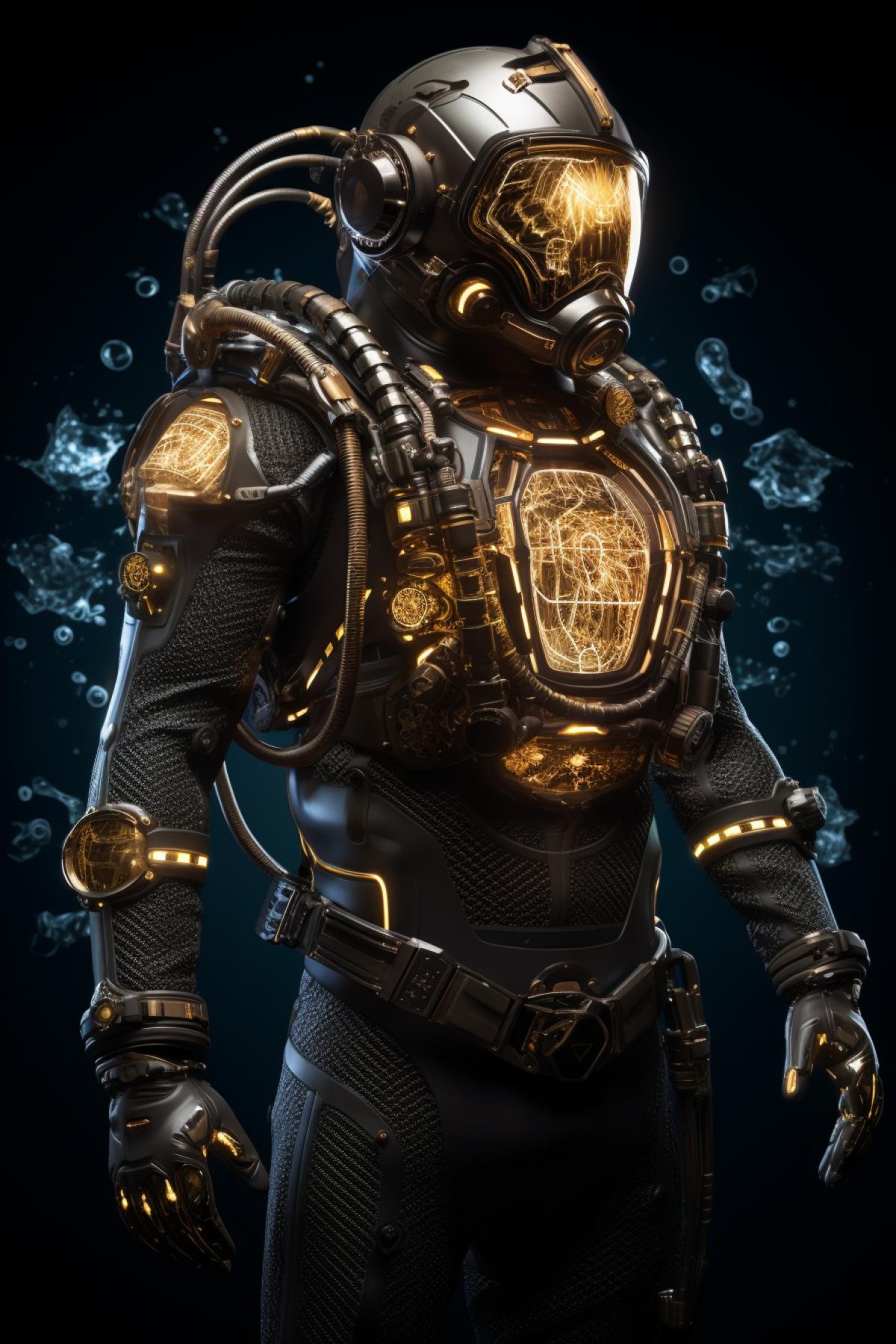 Visualize a diver wearing a suit that displays holographic scenes of historical underwater landscapes. As the diver explores, the suit projects glimpses of ancient shipwrecks, lost civilizations, and underwater mysteries, allowing them to witness the oceans rich history. The dive becomes a journey through time, with the diver serving as a time traveler immersed in the captivating stories hidden beneath the waves.