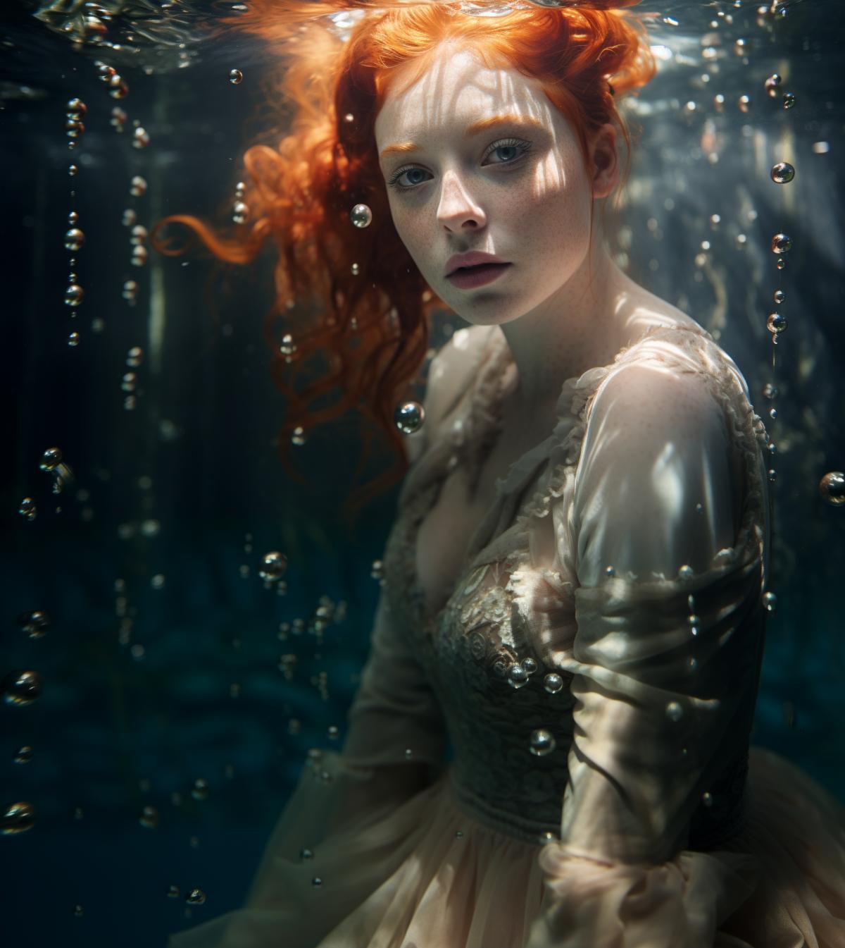 breathtaking beauty underwater medium shot of young and beautiful red-haired woman in Victorian style dress, like Emilie Autumn, precious sunbeams reflect on the surface of the water, penetrating into the waters deeper layers and creating iridescent reflections, tilt-shift lens, award-winning fashion photography, tilt angle perspective, low angle, view from below, underwater scene, opaline bubbles, shimmering ripples, magic atmosphere, clear sea-water, long floating hair, dreamy, dreamlike, muse, heavenly soft light, smooth, hyper-detailed, beautifully color-coded, photorealistic, intense shading, clean sharp focus, depth of field, dynamic angle, dynamic com4k
