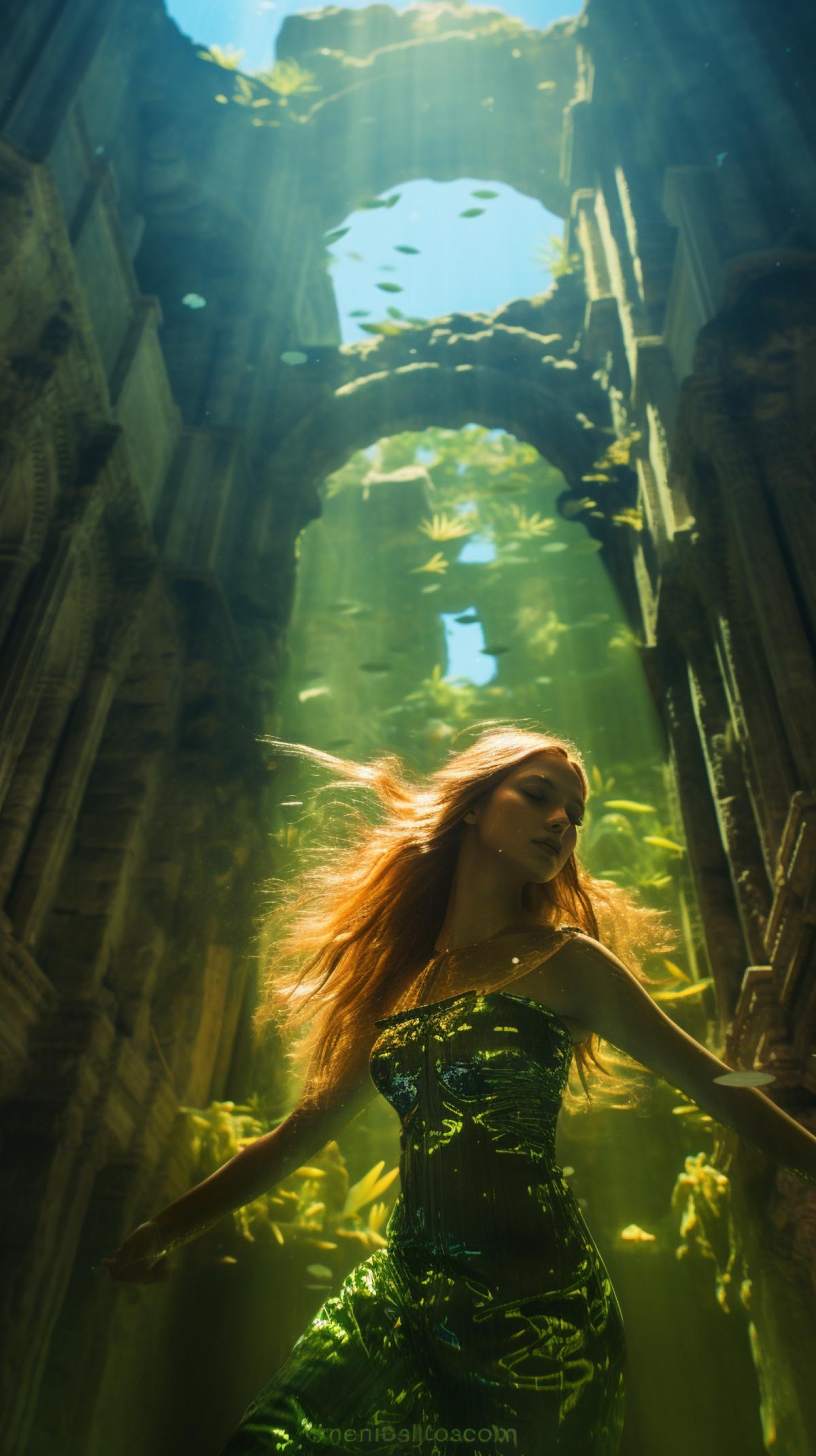 underwater photography of mermaid with a gorgeous tail of shimmering scales swimming in an ancient city immersed in crystal-clear water, where abandoned castles and temples rise, framed by neon green vegetation, i cant believe how beautiful this is, precious sunbeams reflect on the surface of the water, breathtaking beauty, long floating hair, underwater scene, opaline bubbles, beautifully color-coded, photorealistic, mesmerizing and dynamic com4k