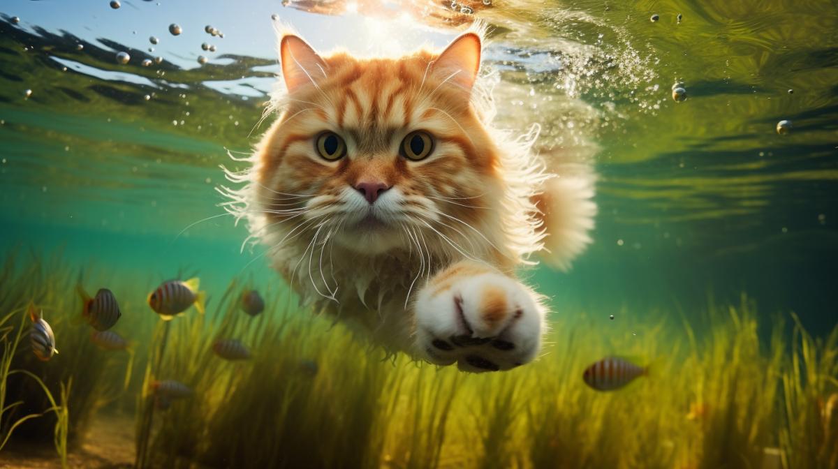 underwater photography, fat fluffy cat swimming in the swamp, there are fish floating around, hyper details, rich colors, photograph, 8k