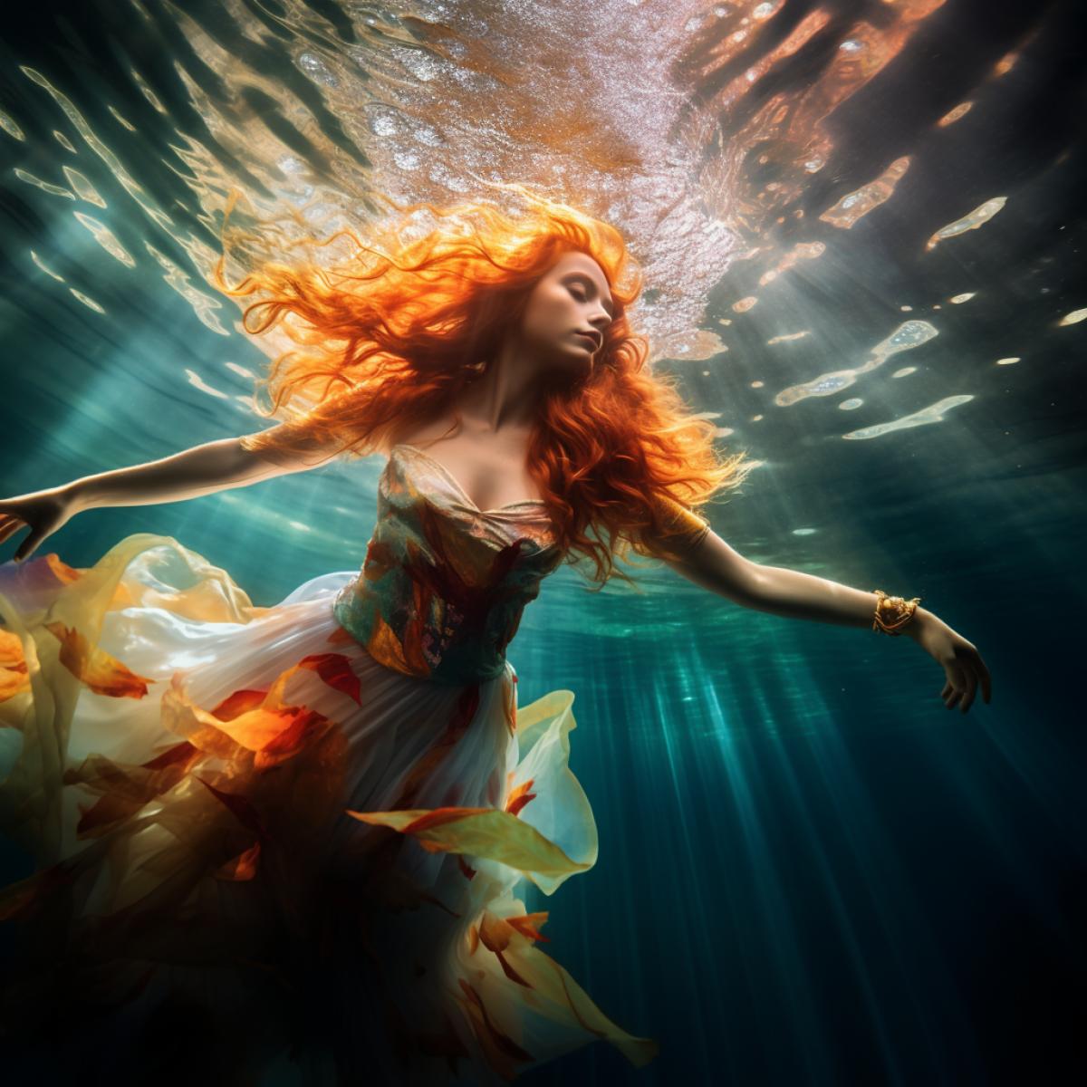 breathtaking beauty underwater full length shot shot of young and beautiful red-haired woman in in flowing and colourful dress, with sharks, long floating hair, precious sunbeams reflect on the surface of the water, penetrating into the waters deeper layers and creating iridescent reflections, tilt-shift lens, award-winning fashion photography, tilt angle perspective, low angle, view from below, underwater scene, opaline bubbles, shimmering ripples, magic atmosphere, clear sea-water, long floating hair, dreamy, dreamlike, muse, heavenly soft light, smooth, hyper-detailed, beautifully color-coded, photorealistic, intense shading, clean sharp focus, depth of field, dynamic angle, dynamic com4k