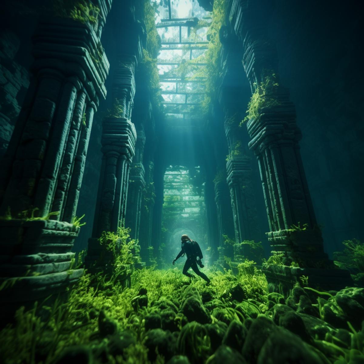 underwater photography of a diver in an ancient city immersed in crystal-clear water, where abandoned castles and temples rise, framed by neon green vegetation, i cant believe how beautiful this is, breathtaking beauty, beautifully color-coded, photorealistic, mesmerizing and dynamic com4k