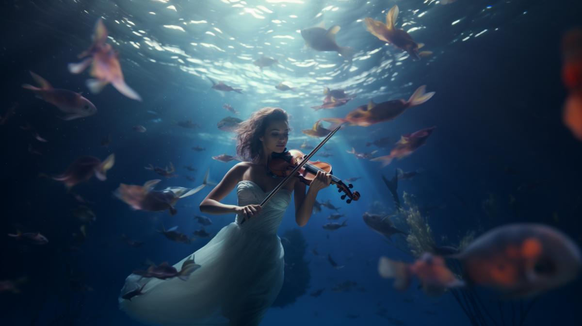 a woman plays the violin underwater and is listened to by whales and sharks, photorealistic, hyper details, 8k