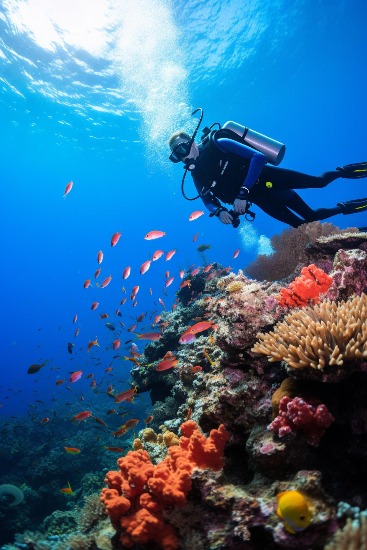 Follow those happy scuba divers in coral reef among beautiful fish