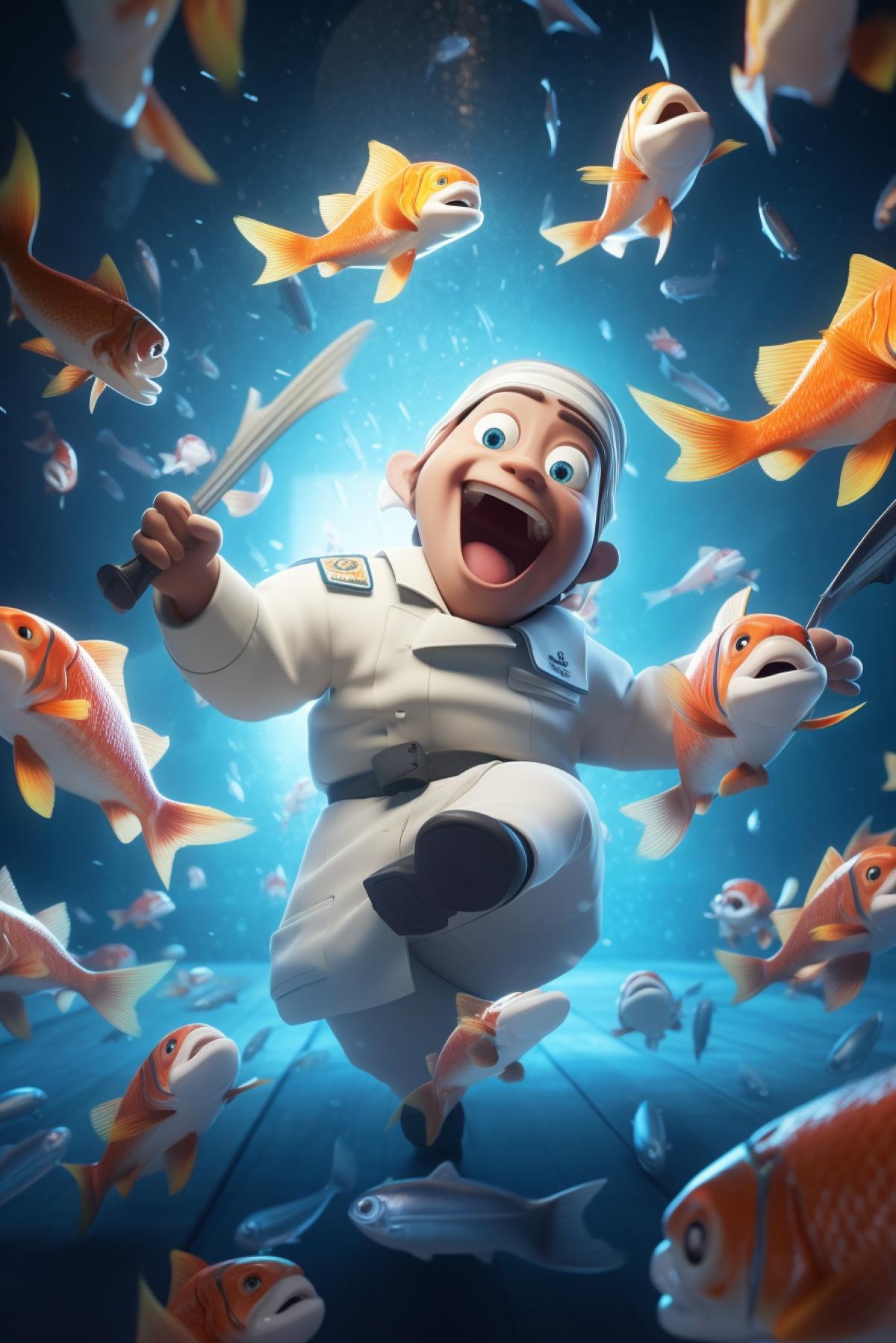 Japanese chef in scuba diving equipment under the sea armed with an santoku knife among frightened fish searching for victim to make sushi Pixar Disney animation