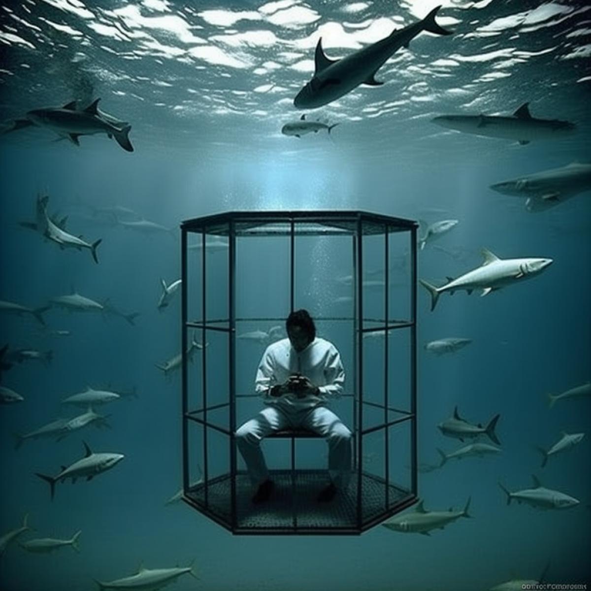 Driver in a cage underwater, sharks circling around