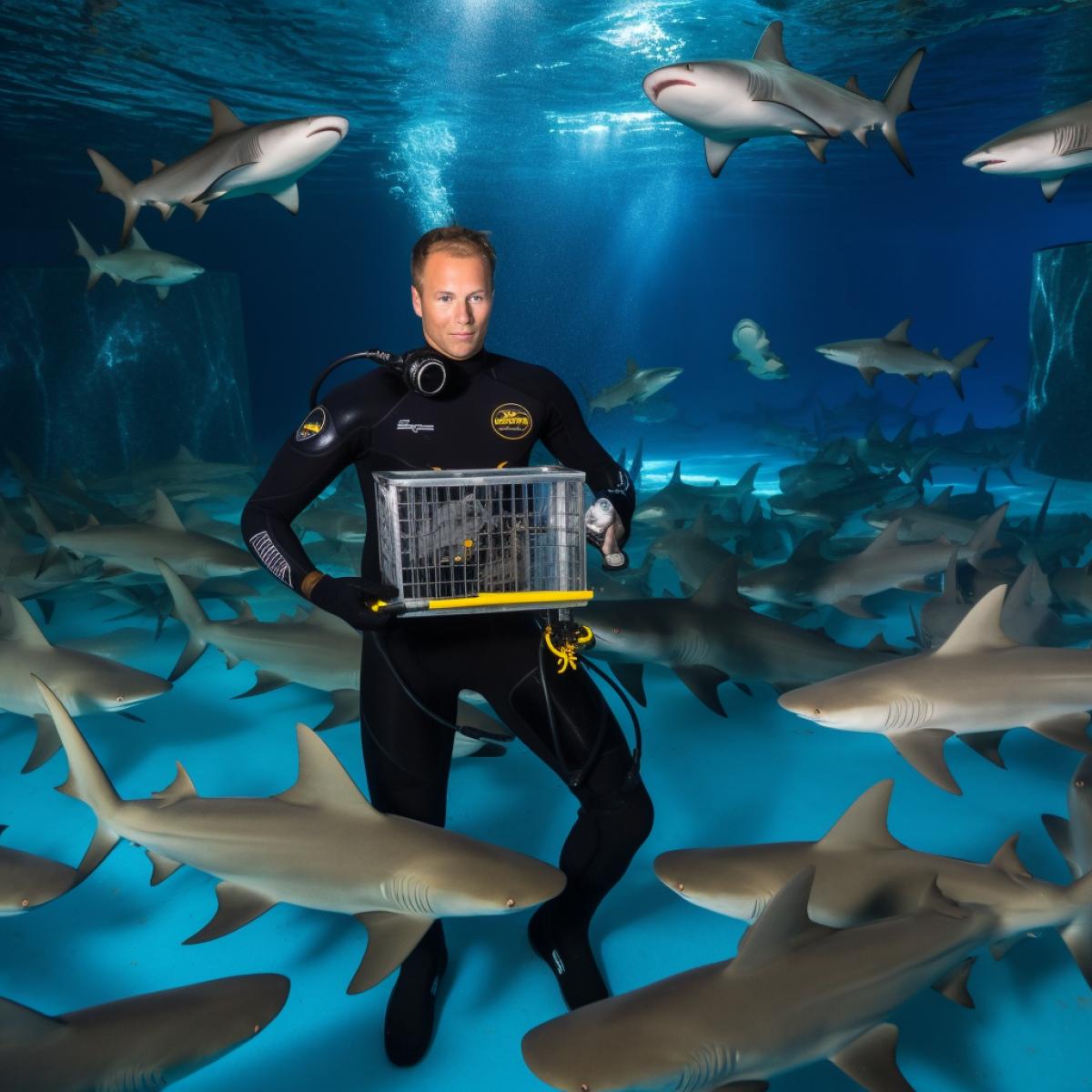Driver in a cage underwater, sharks circling around