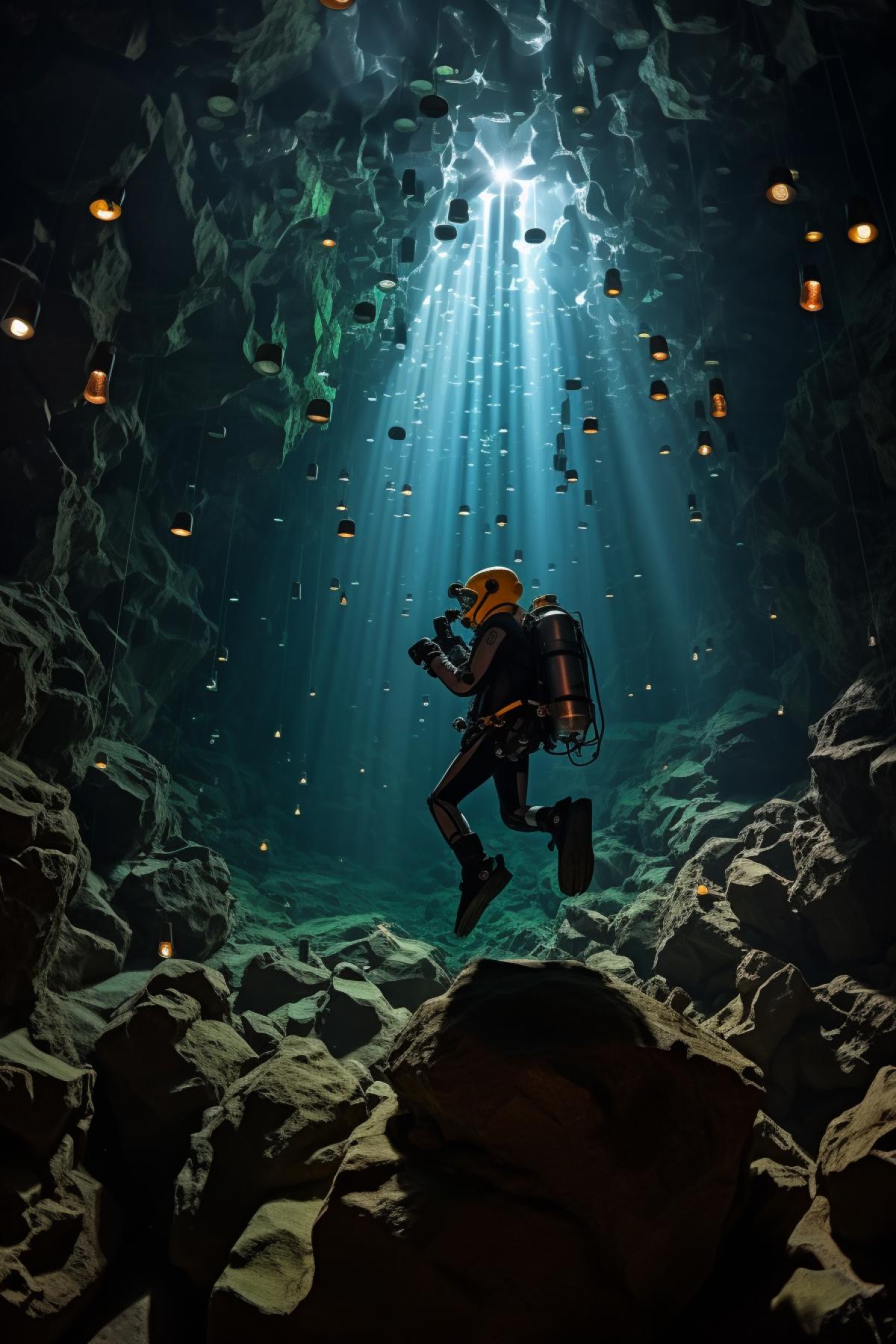 Diving, cave, treasures, crystals