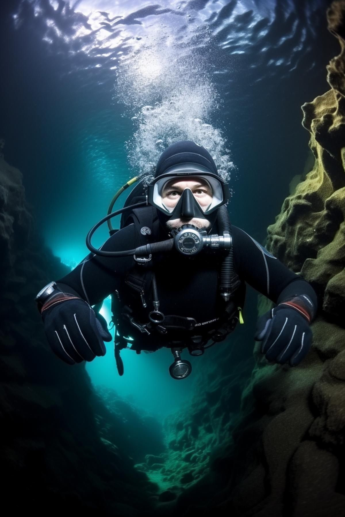 Diver, close-up, blue sea, cave
