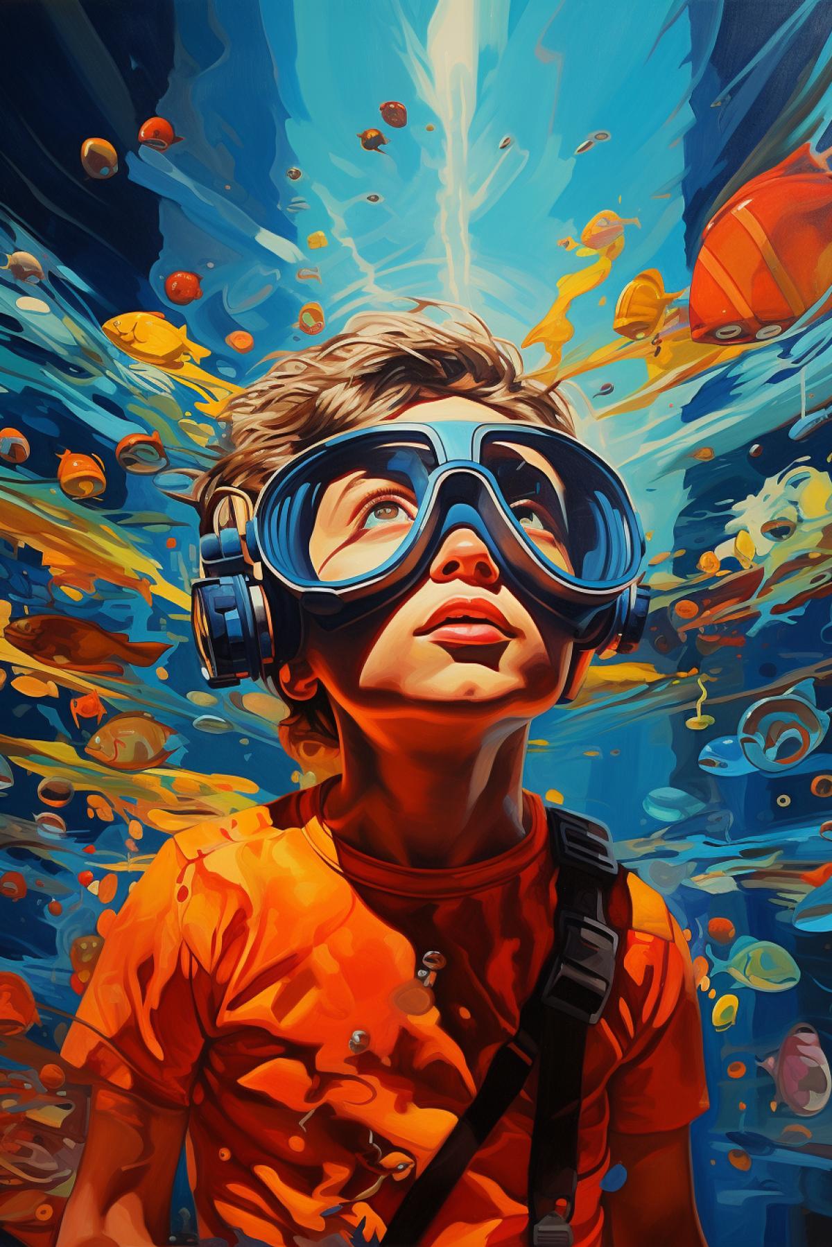 Diver, boy, bright colors, curiosity