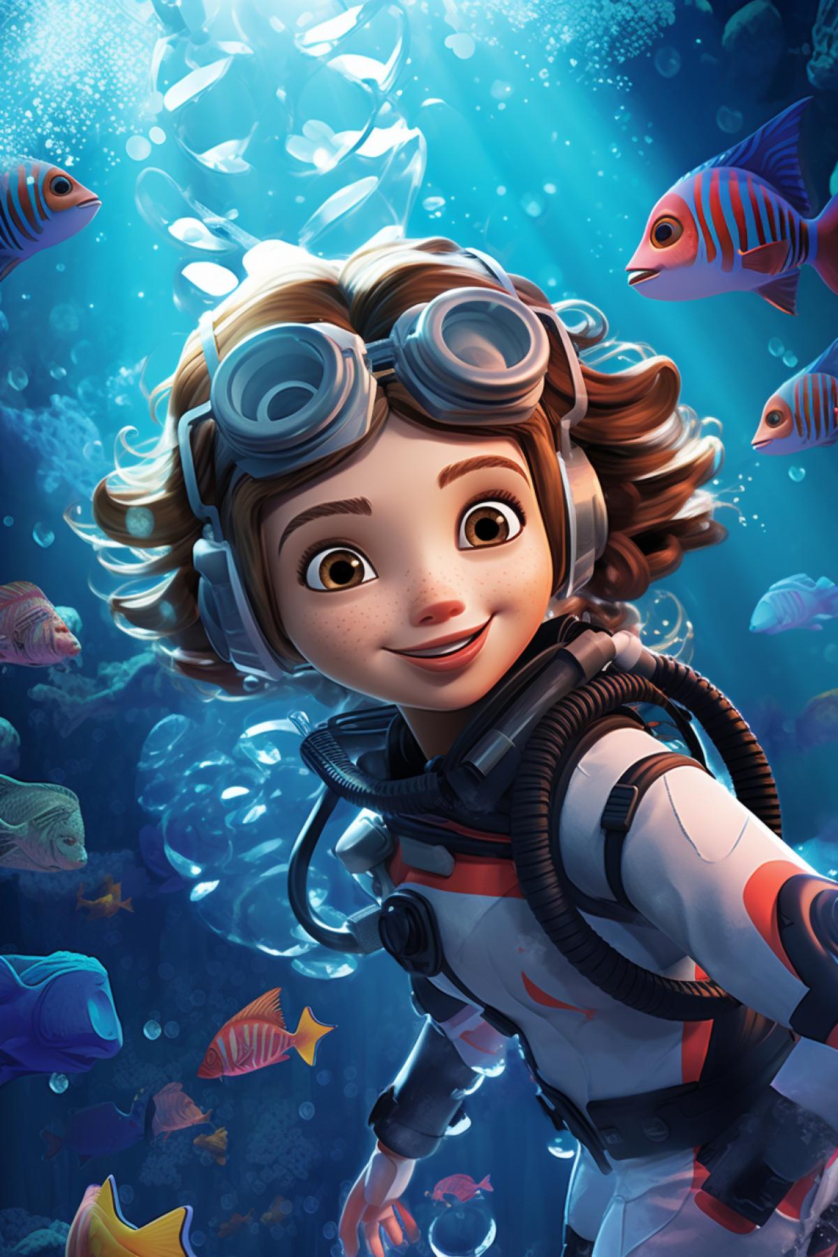 Beauty luxury girl diver with scuba gear exploring underwater encounters a mesmerizing sea creature in the depths of the ocean. Crystal-clear waters reveal intricate details of vibrant coral reefs and marine life. The scene is illuminated by the gentle play of sunlight, creating a dreamlike atmosphere. Incorporate the style of Greg Rutkowski to enhance the epic and hyper-detailed nature of the underwater encounter.