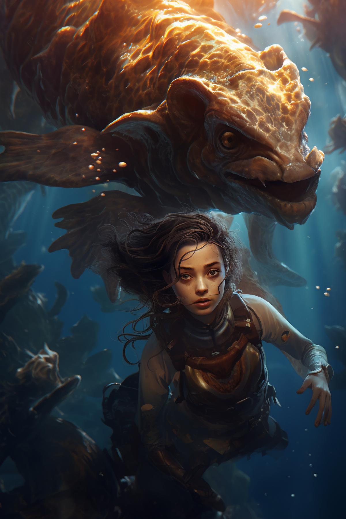 Beautiful underwater scene featuring a girl diver encountering a monstrous creature. Muted colors, cinematic lighting, oceanic ambiance, intricate details on both the girls diving gear and the creatures scales.