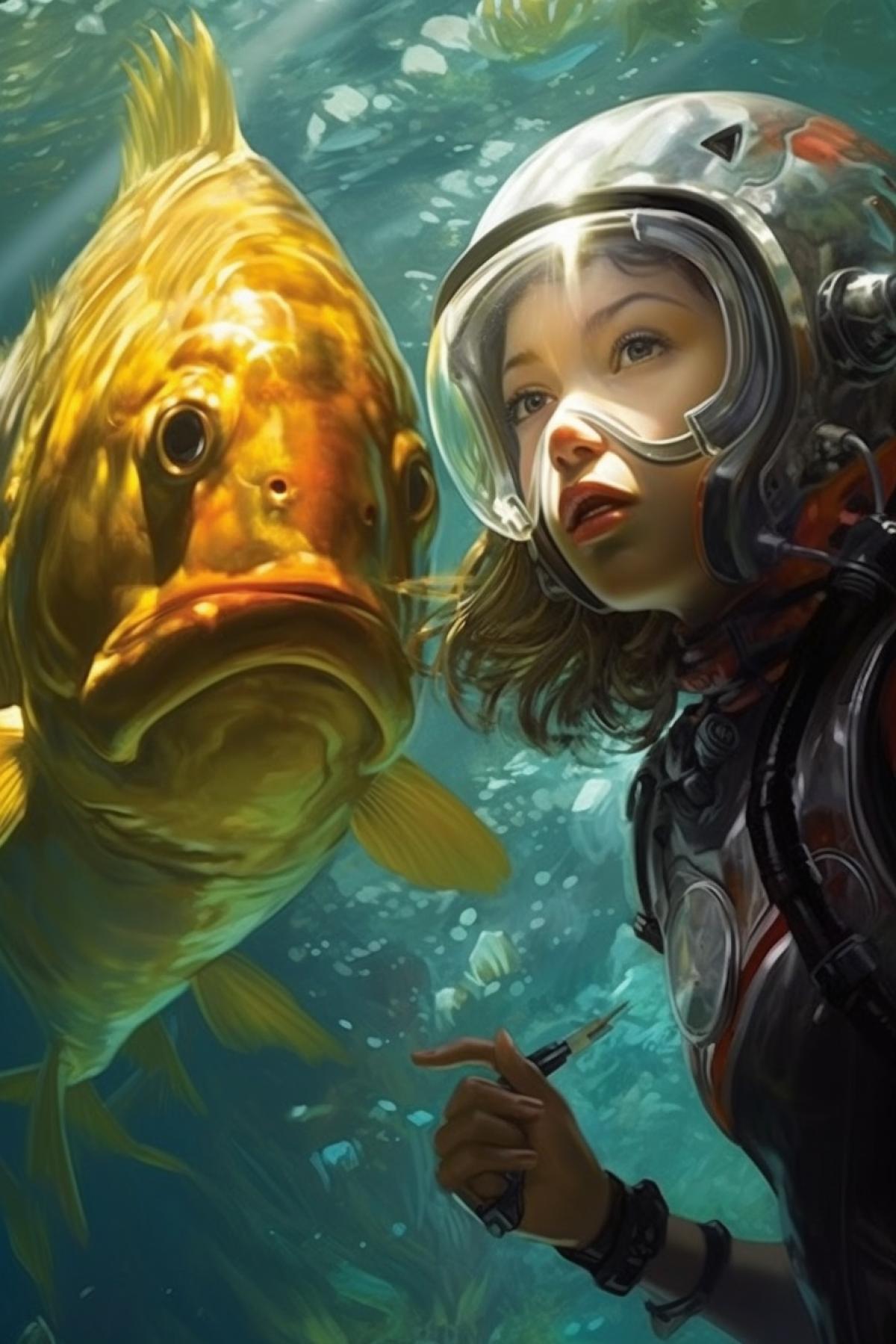 Beautiful, luxury girl diver with a snorkel and shorts, by Greg Rutkowski. Underwater scene with a mesmerizing sea monster, crystal-clear water, radiant sunlight casting enchanting reflections, and vibrant, exotic fish swimming gracefully.