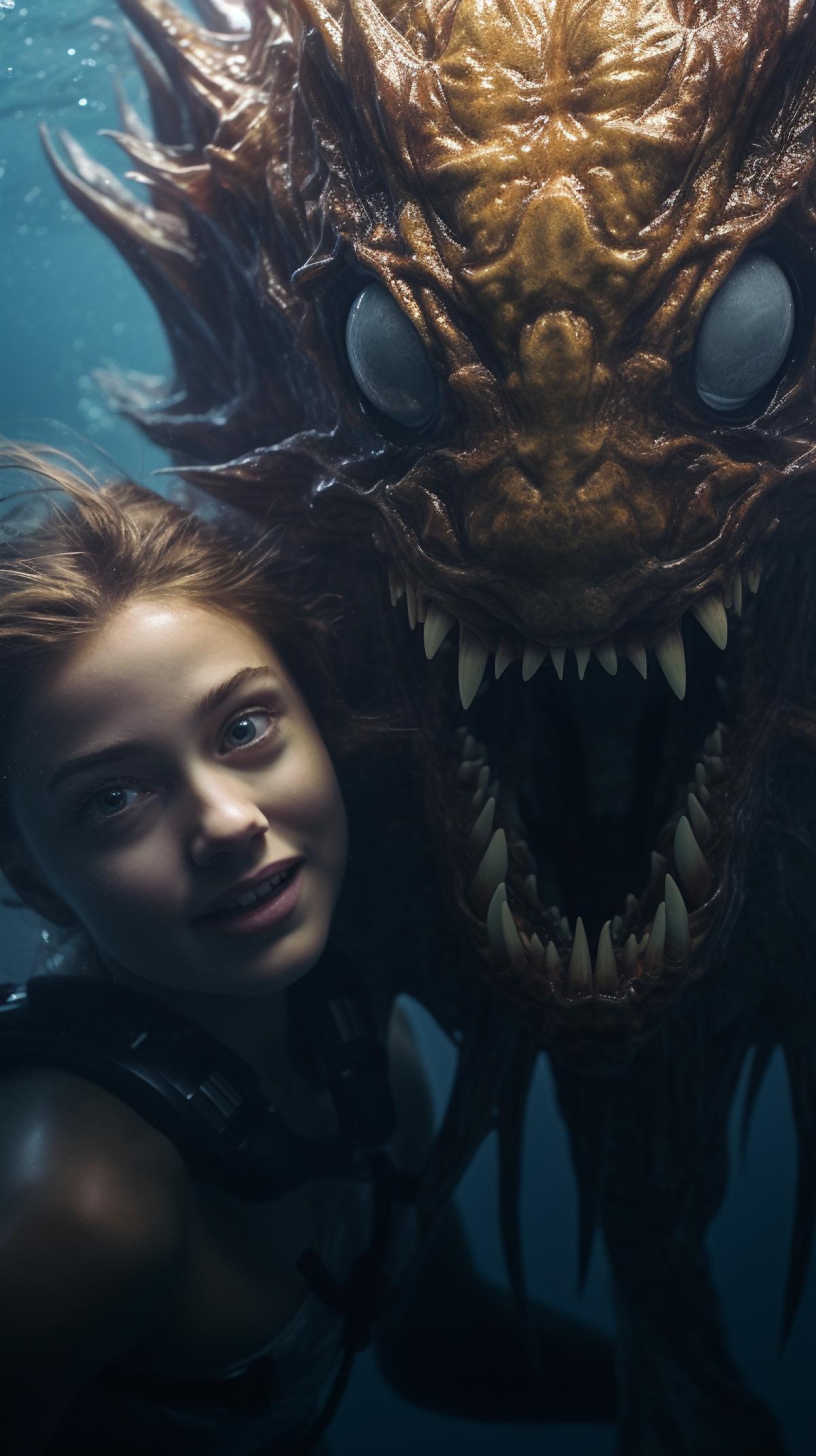 Still from the film: a luxury girl diver under the water of a beautiful ocean meets a sea monster face to face