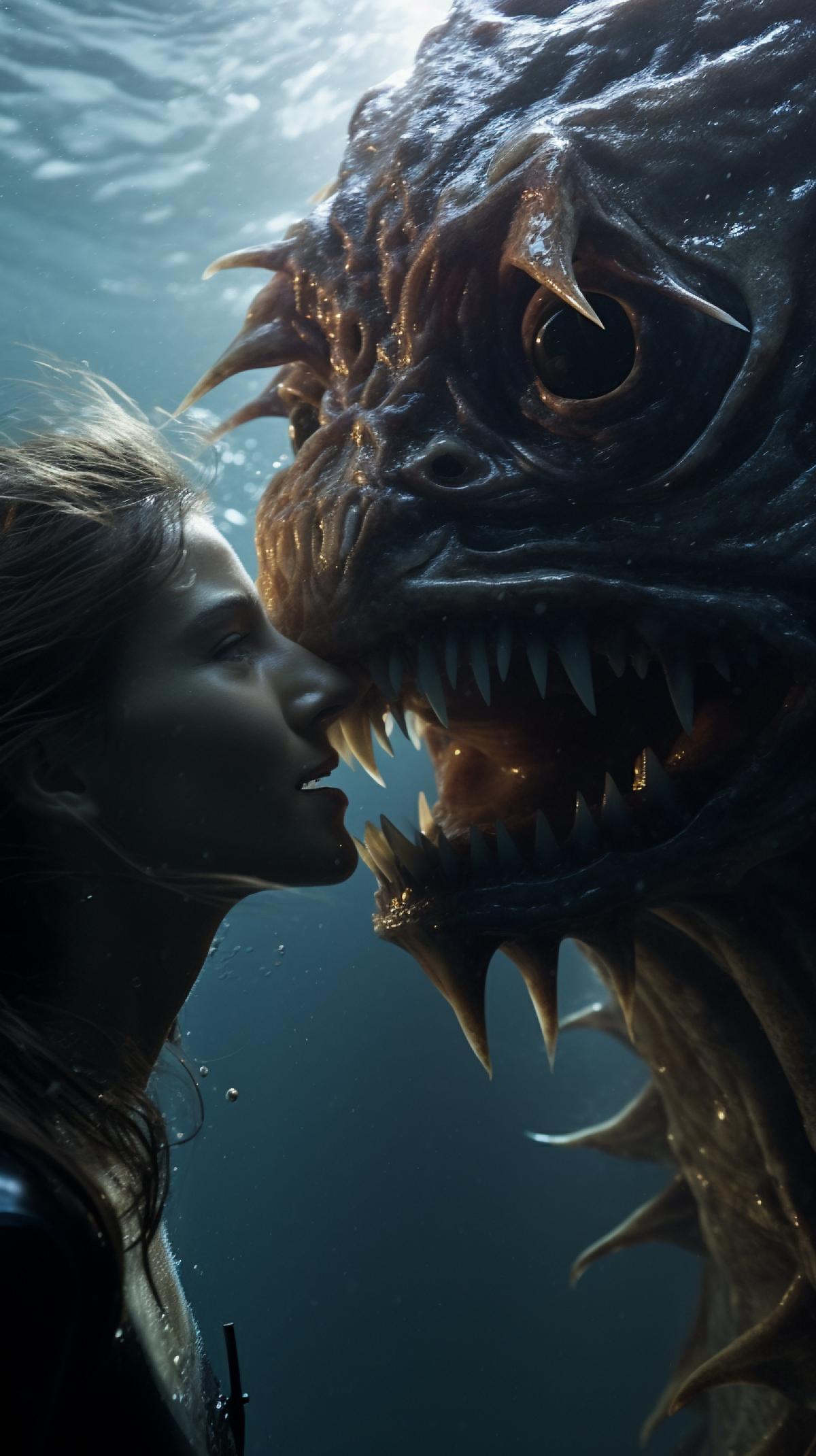 Still from the film: a luxury girl diver under the water of a beautiful ocean meets a sea monster face to face