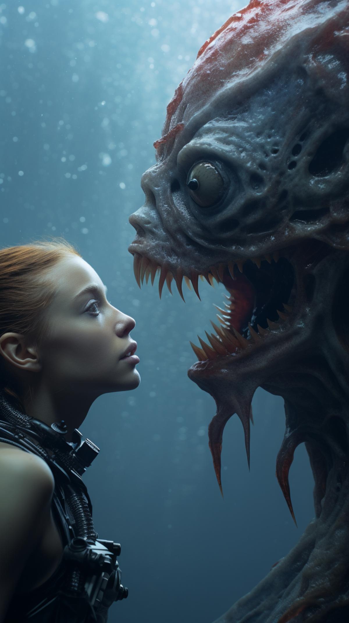 Still from the film: a luxury girl diver under the water of a beautiful ocean meets a sea monster face to face