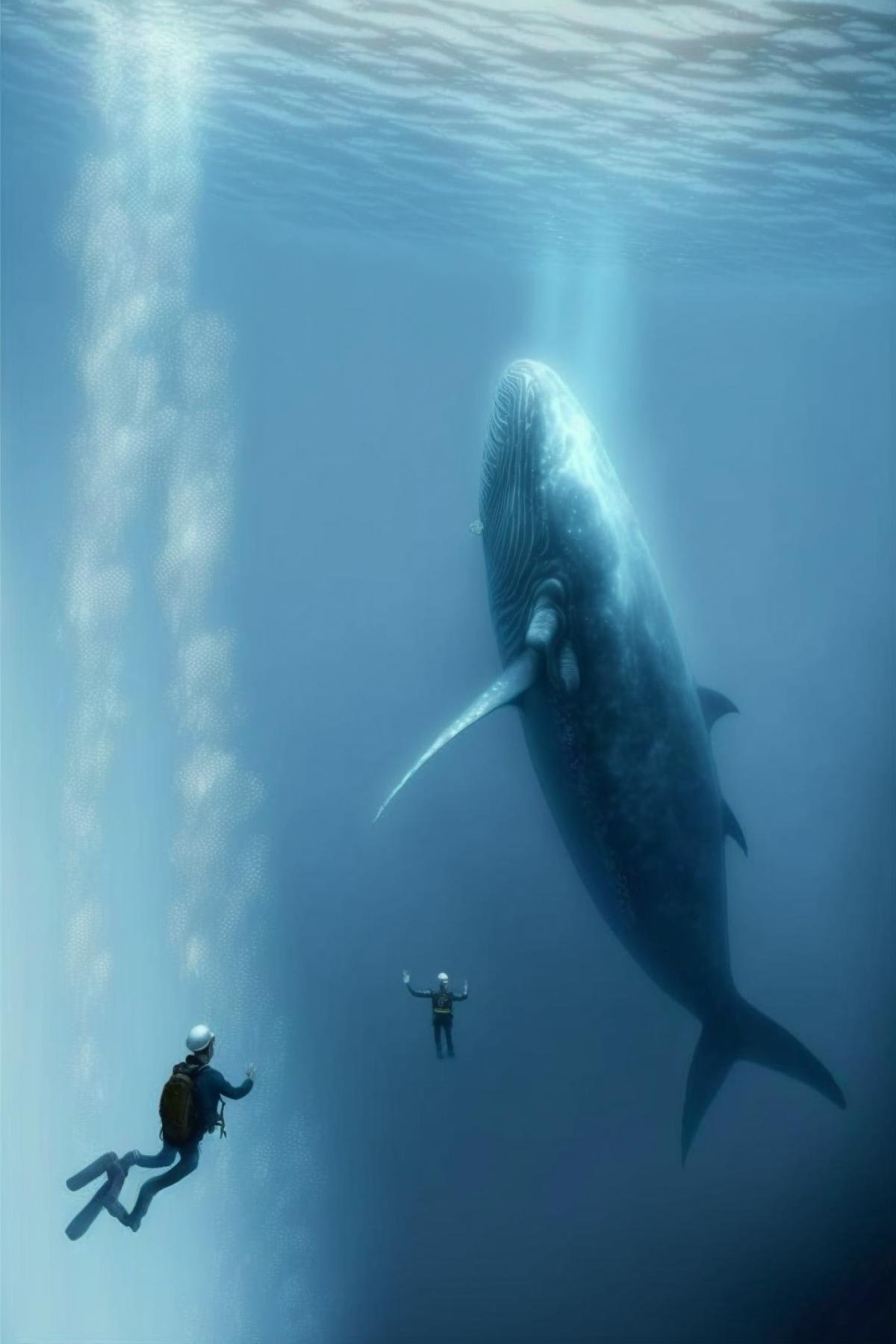 A fascinating realistic picture of a diver meeting a huge blue whale in the abyss of the sea