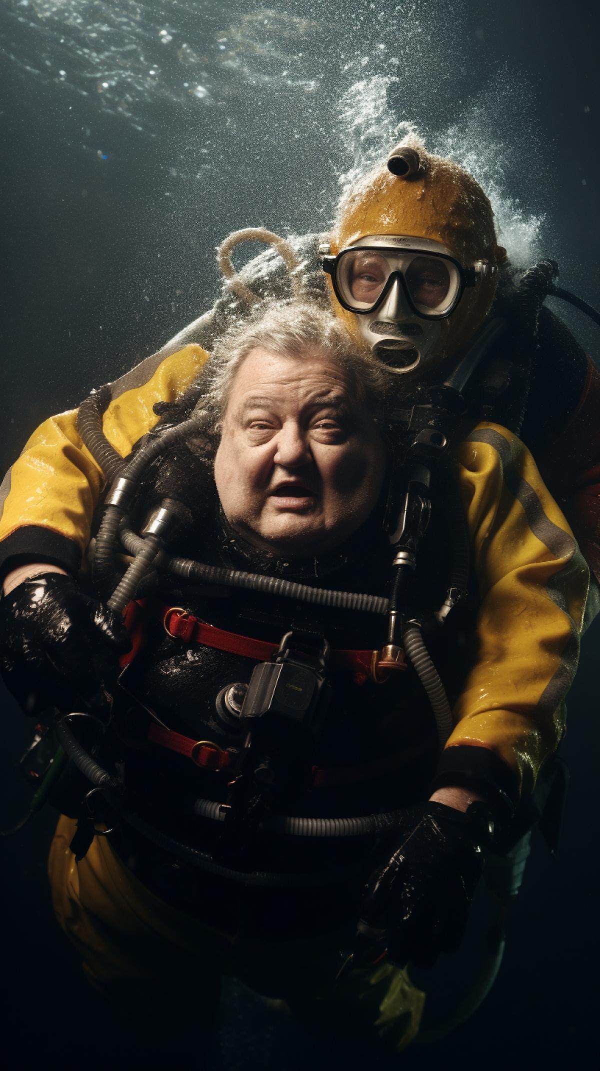 Cinematic look: A fat old female scuba diver is being rescued underwater by a fat old male scuba diver. Bright light, tragedy.