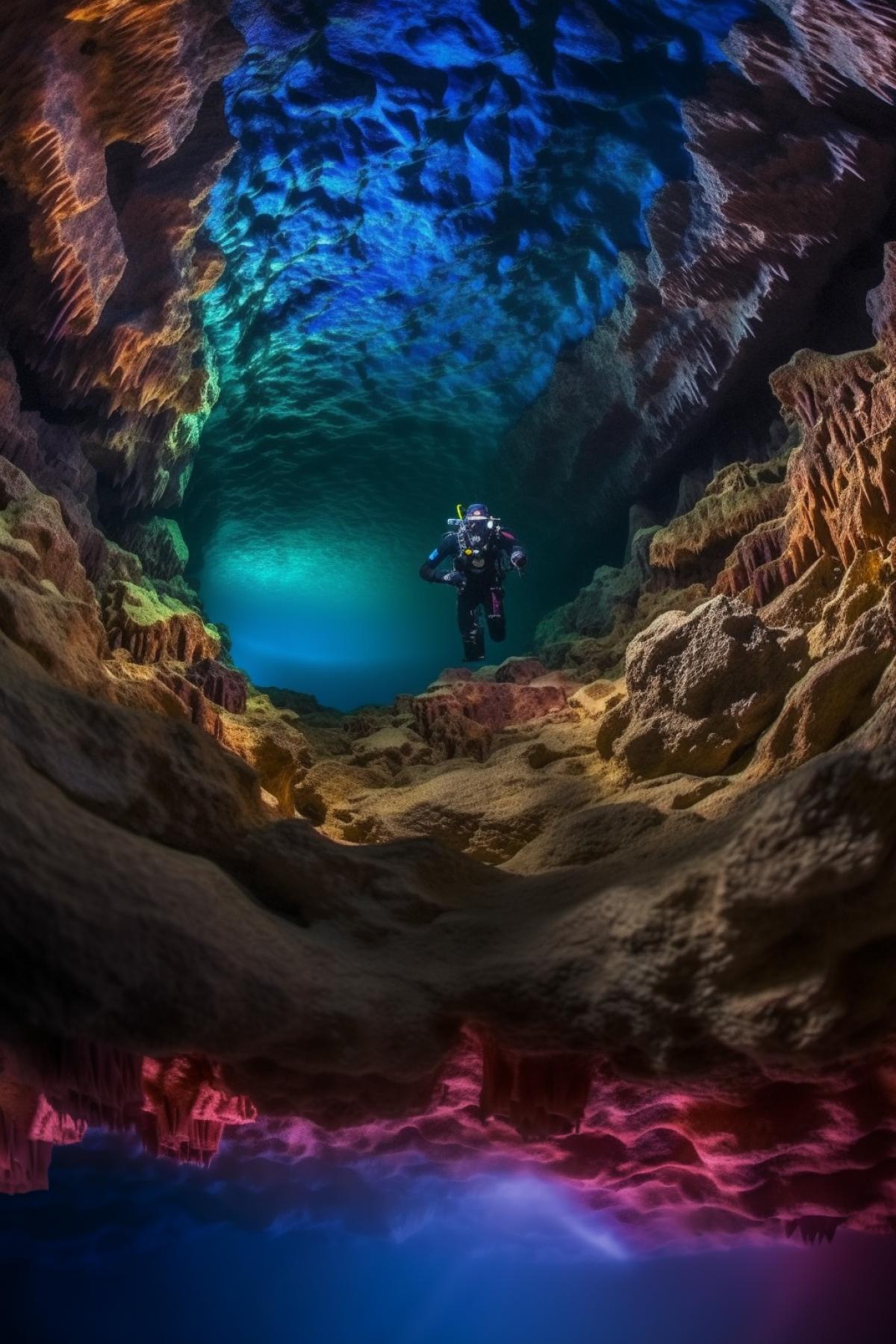 Diving, underwater world, clear water, cave, bright and rich colors, photography
