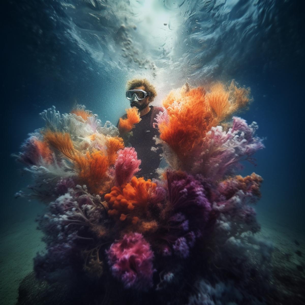 Diving, underwater world, clear water, man, underwater tornado of sea flowers, bright and rich colors, photography
