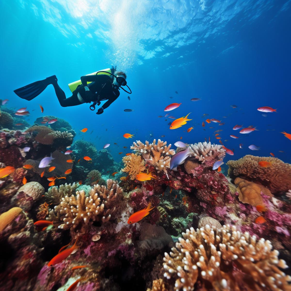 Realistic photo of a diver swimming in the middle of a beautiful coral reef with colorful fish