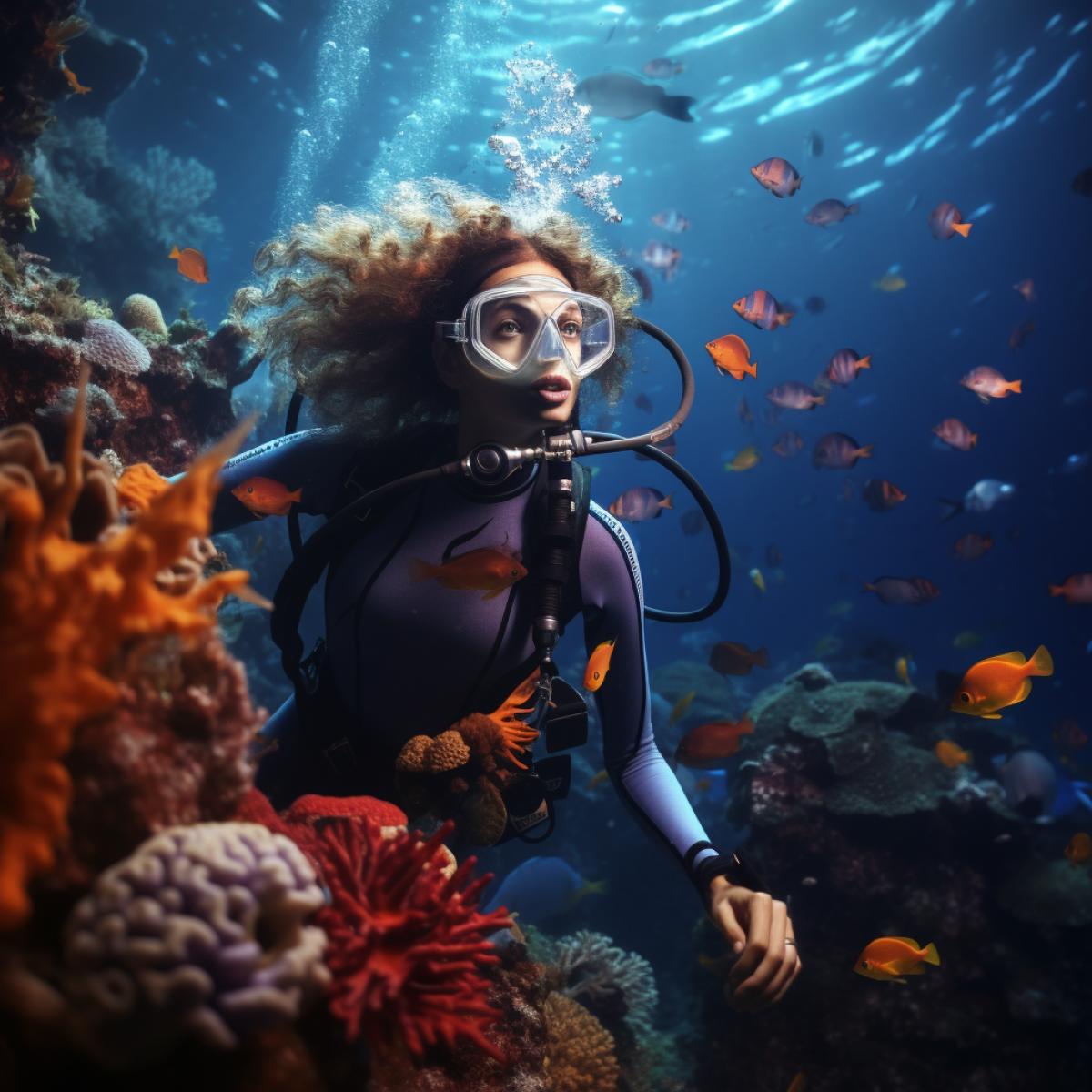 A girl diver swims underwater in the middle of an amazing underwater world with corals and various underwater inhabitants, close-up, realistic photo, high detail