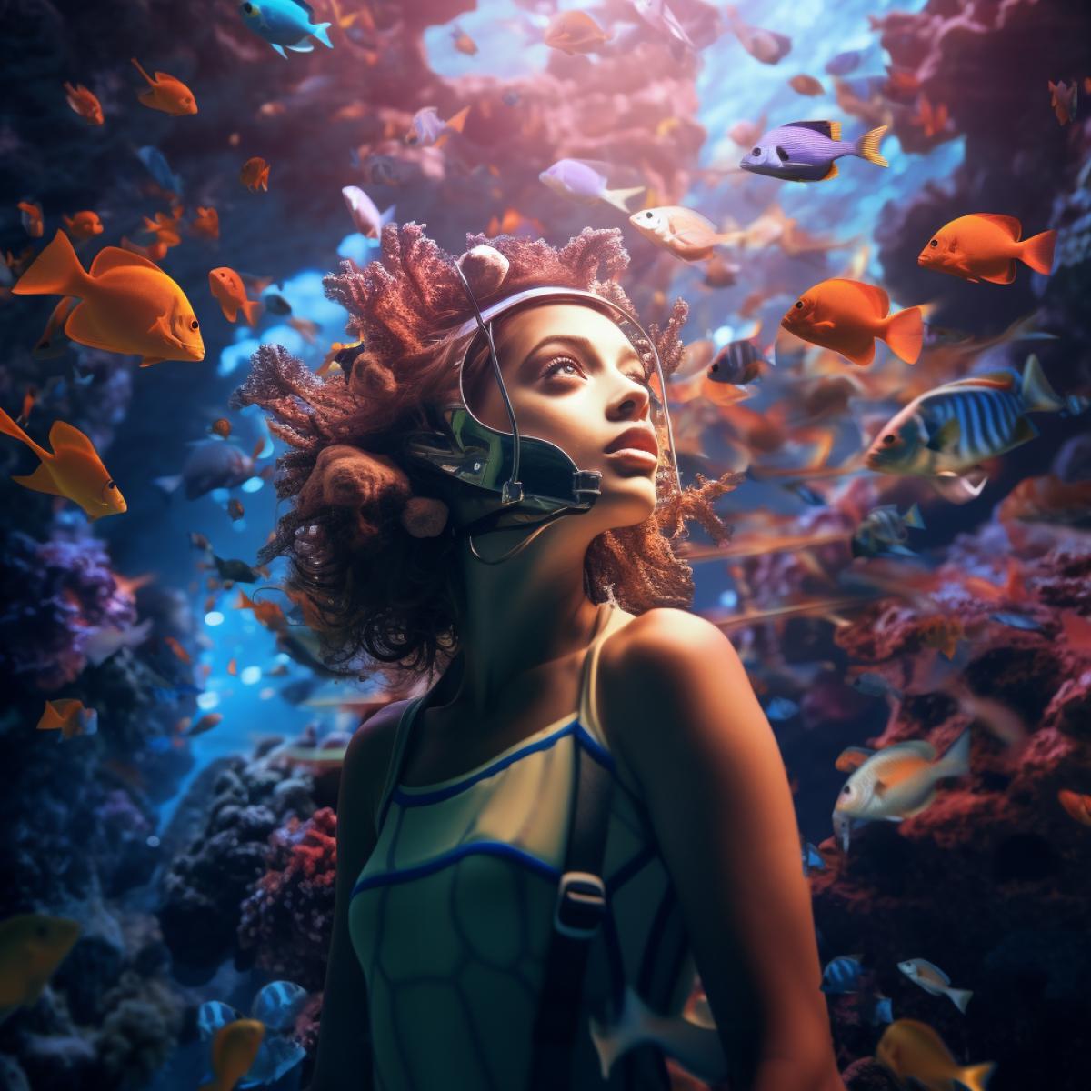 A girl diver swims underwater among beautiful bright fish and an amazing underwater world with corals and various underwater inhabitants, close-up, realistic