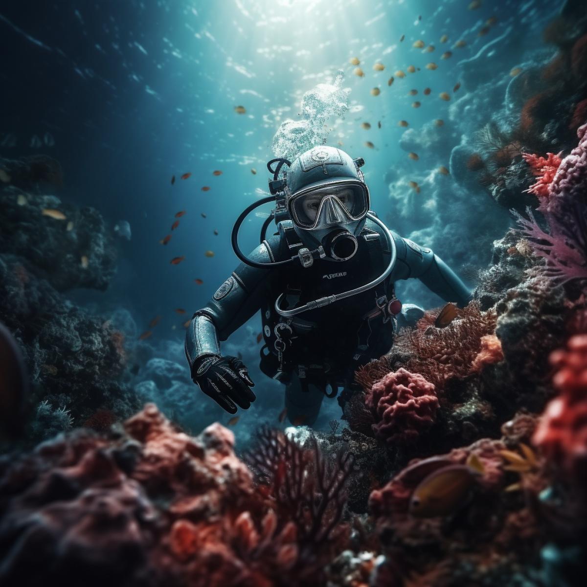 Diver in a coral reef, close-up, realistic photos, high detail, 4k