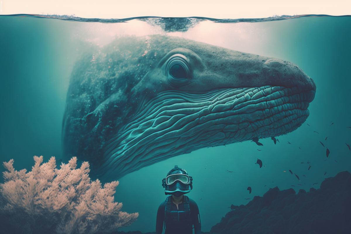 Create a surreal double exposure photo of a humpback whale and a scuba-diver in corals. The background should be minimalistic and dark