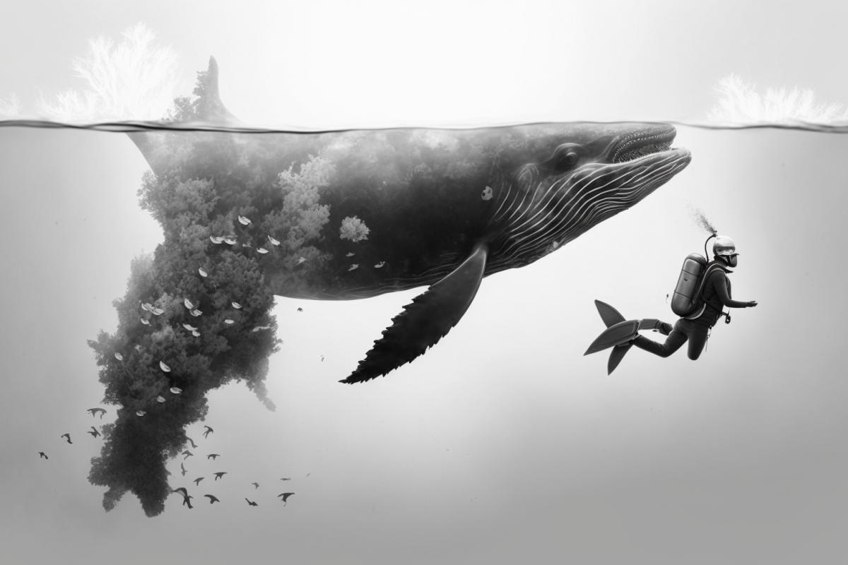 Create a surreal double exposure photo of a humpback whale and a scuba-diver in corals. The background should be minimalistic and dark