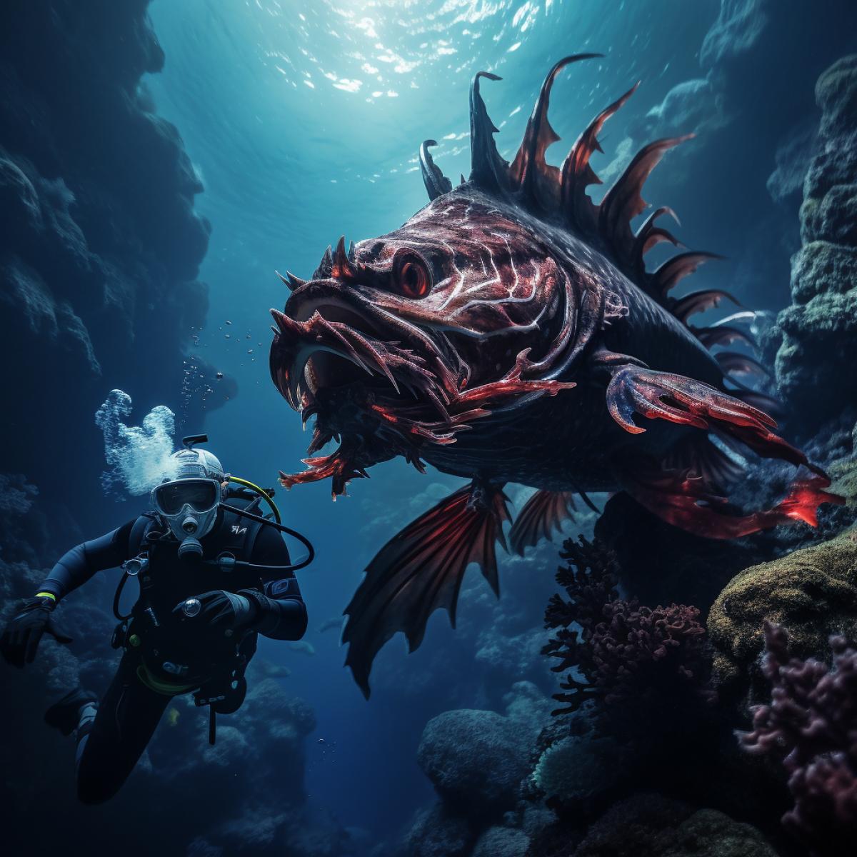Diver in a coral reef and an underwater dragon, bright fish, photo