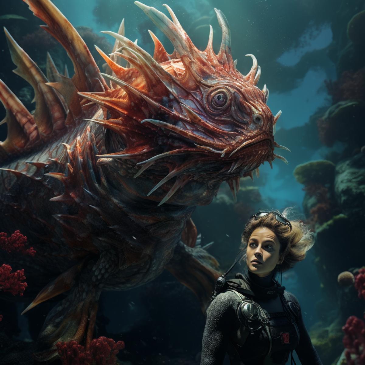 Diver in a coral reef and an underwater dragon, bright fish, photo