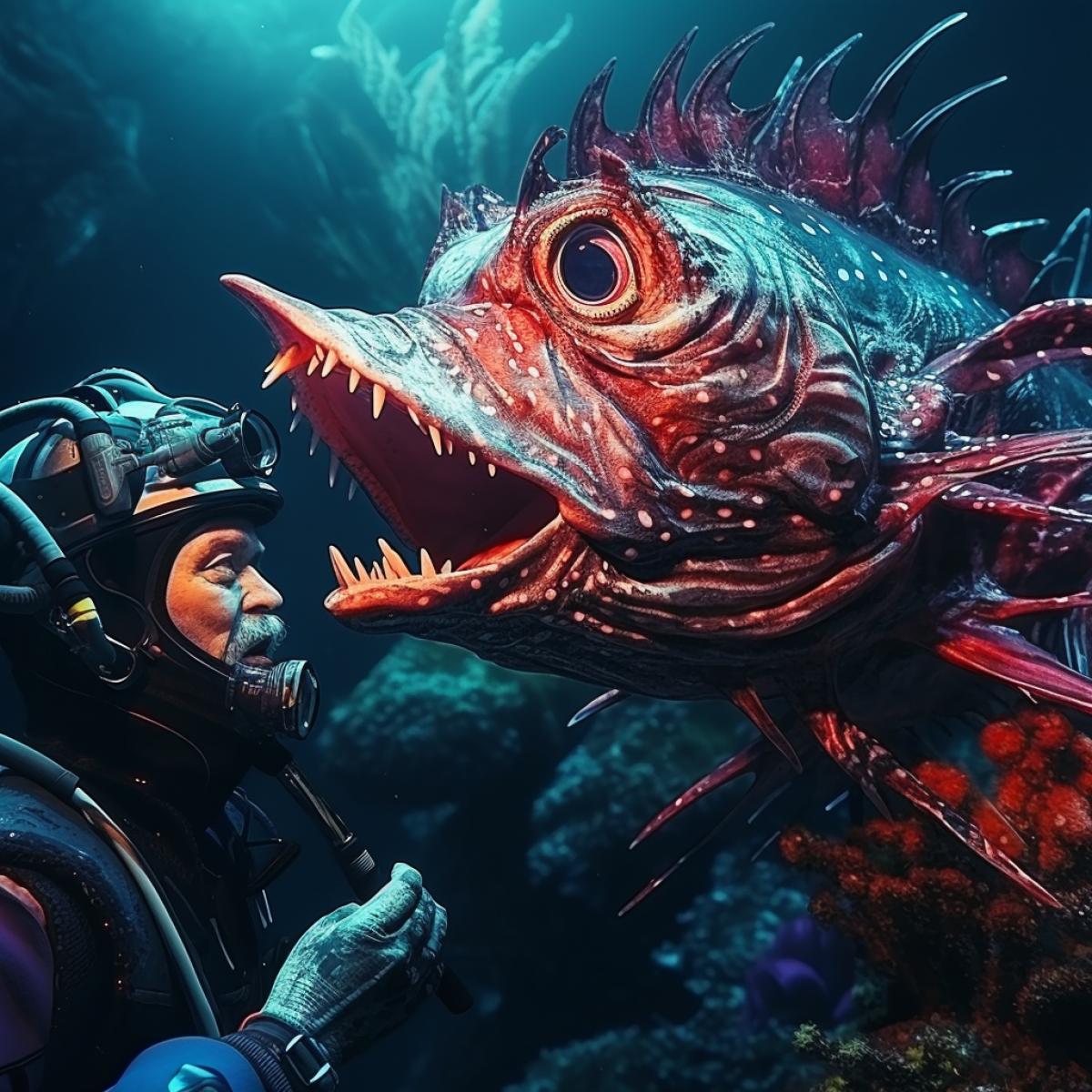 A diver in a coral reef looks in surprise at a cute beautiful tropical bright dragon fish, looking at each other, close-up, realistic photos, high detail, 4k, magical, atmospheric, glow