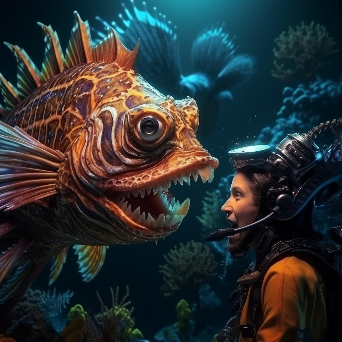 A diver in a coral reef looks in surprise at a cute beautiful tropical bright dragon fish, looking at each other, close-up, realistic photos, high detail, 4k, magical, atmospheric, glow