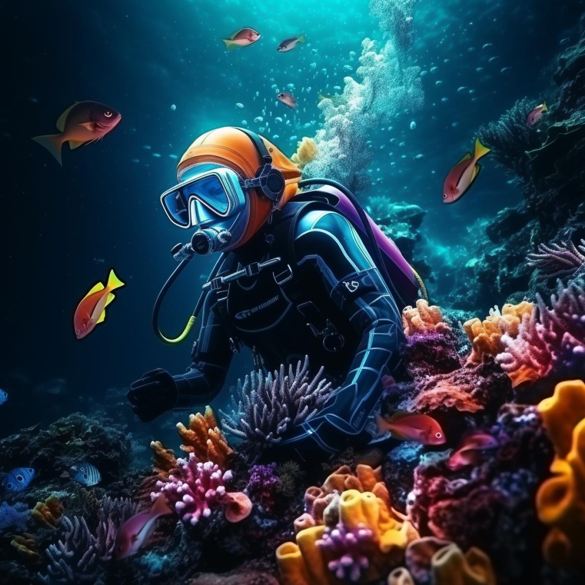 A diver in a coral reef looks in surprise at a beautiful tropical bright fish, close-up, realistic photos, high detail, 4k, magical, atmospheric, glow