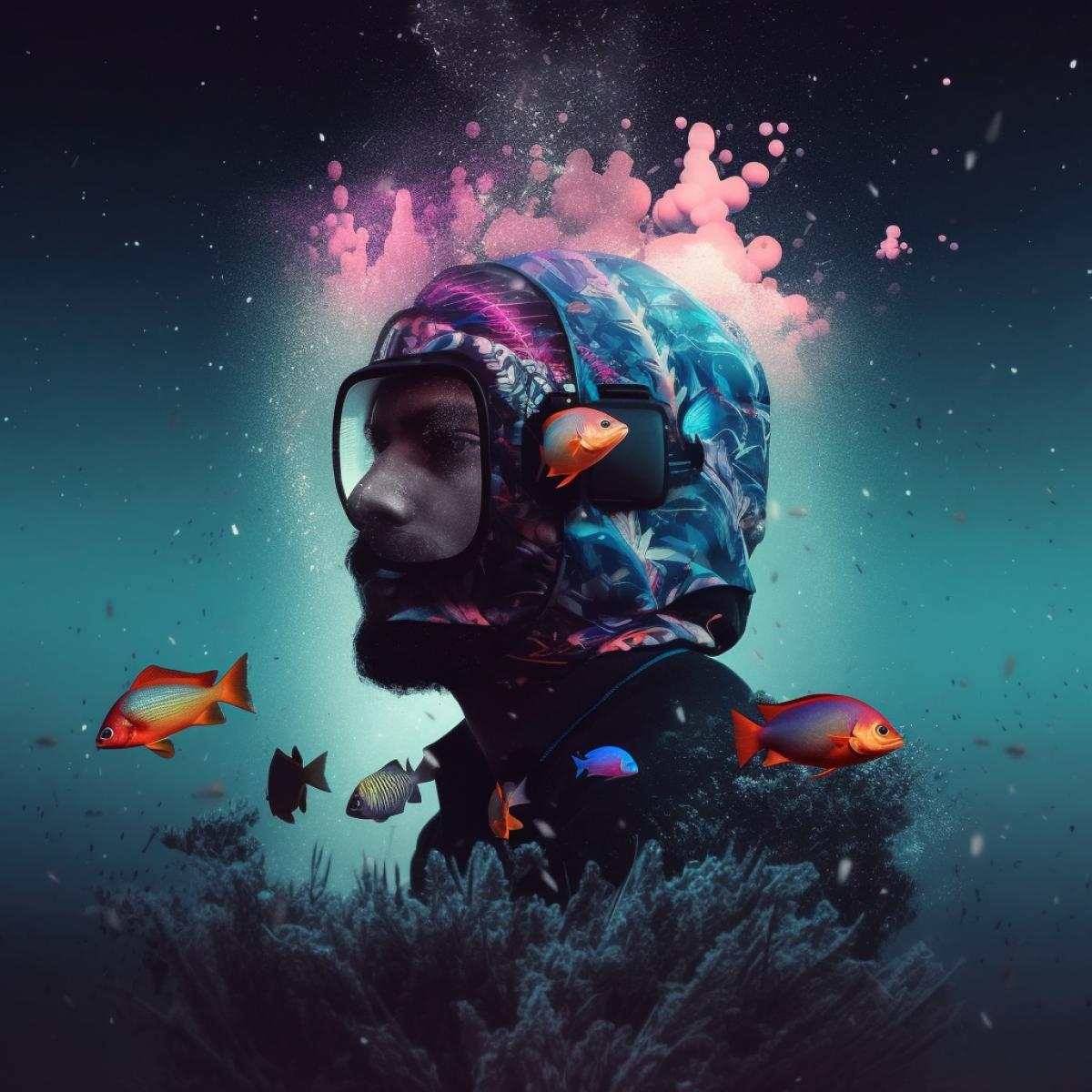 Create a surreal multicoloured double exposure photo of a scuba-diver and tropical coral fish. The background should be minimalistic and starry