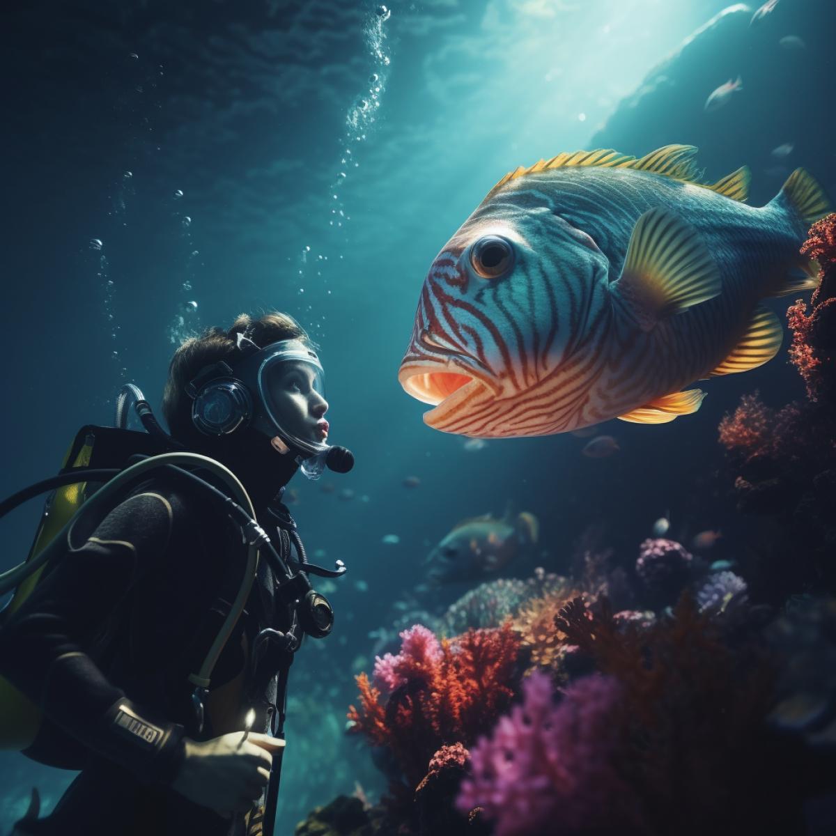 A diver in a coral reef looks in surprise at a beautiful bright fish, they look at each other, there is a colorful underwater world around, close-up, realistic photos, high detail, 4k, magical, atmospheric, radiance