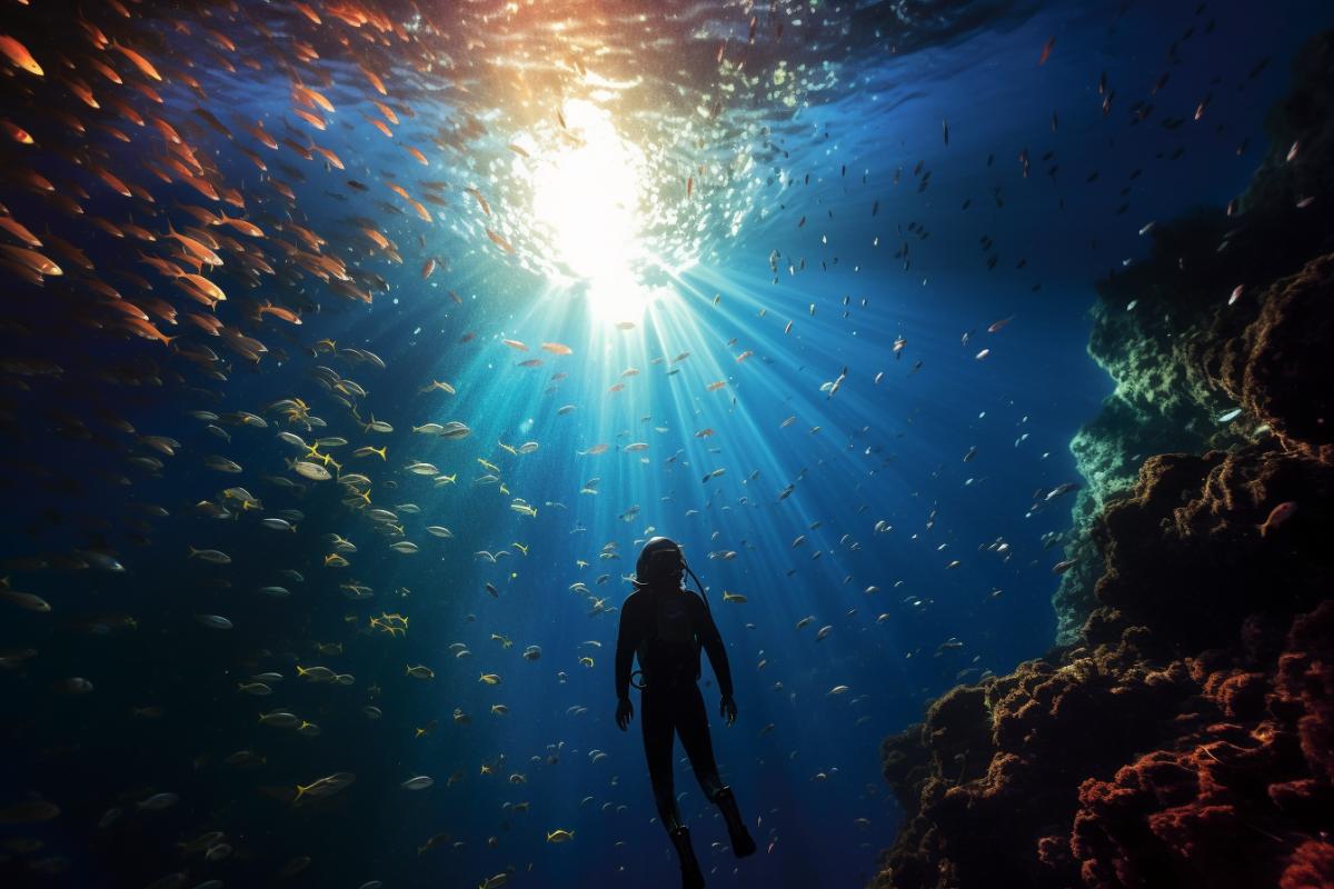 An underwater view where the surface above creates a mirror effect, reflecting a diver swimming alongside a school of shimmering fish, colorful star nebula in sky above creating spectacular jewel-toned gradients in water