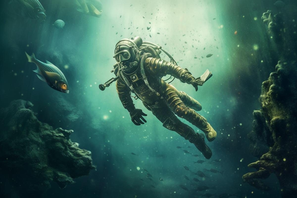 Space diving in the underwater world on a parallel universe surrealism illustration