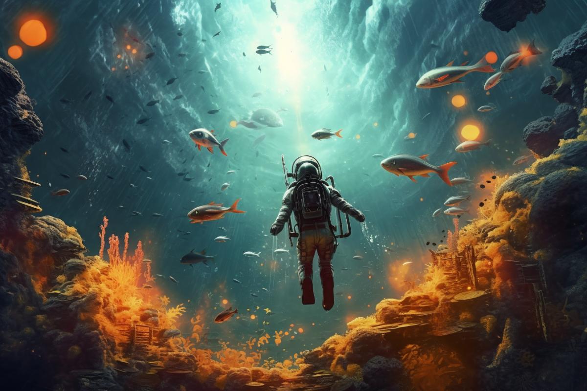 Space diving in the underwater world on a parallel universe surrealism illustration