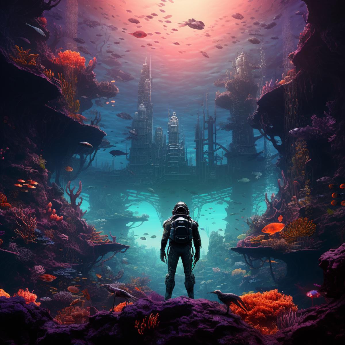 Diver on a coral reef, cyberpunk