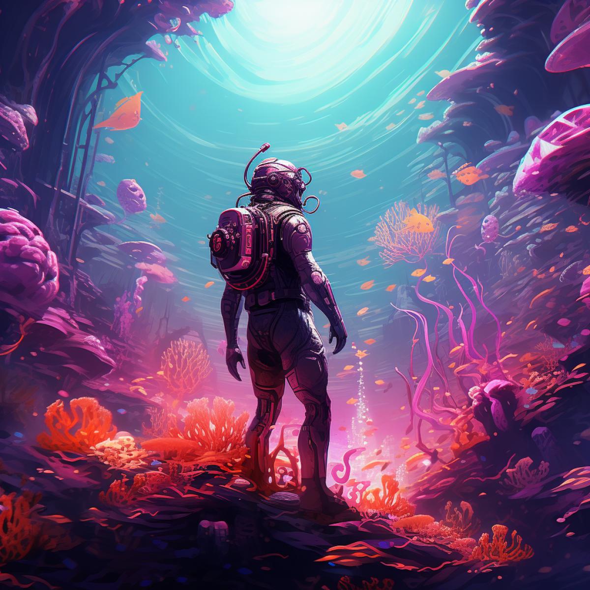 Diver on a coral reef, cyberpunk