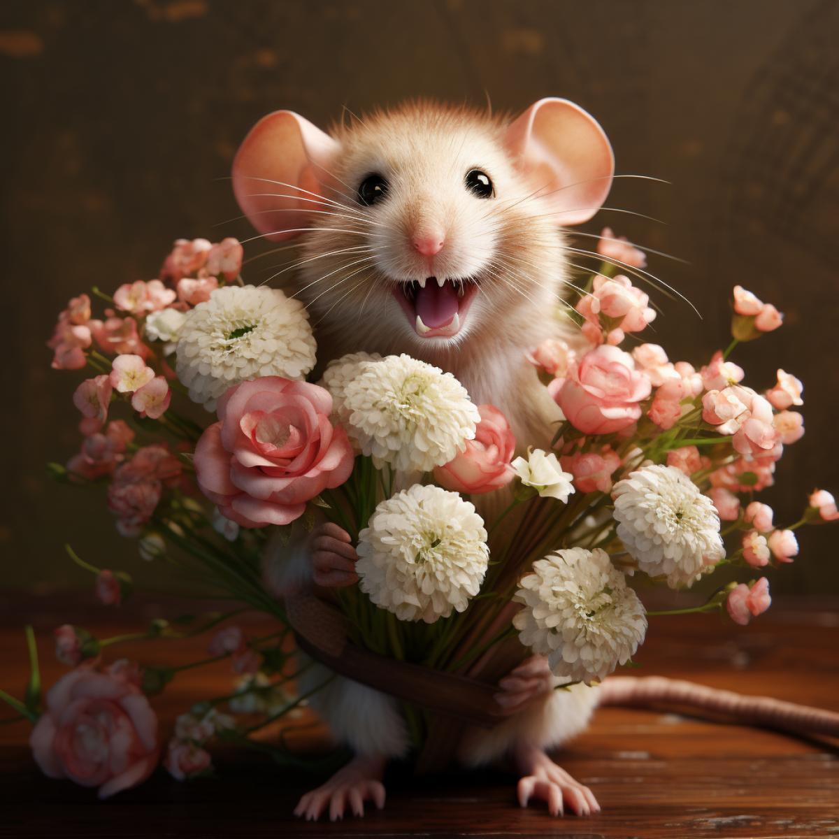 Laughing mouse with a bouquet of flowers