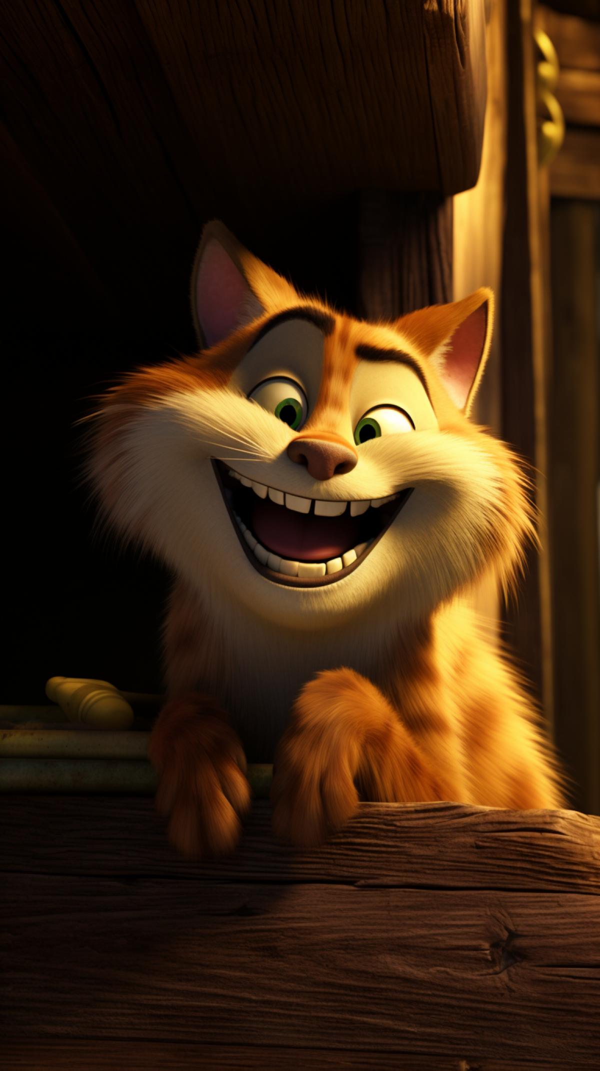 Still from the cartoon: Sly, smiling cat from the cartoon Shrek