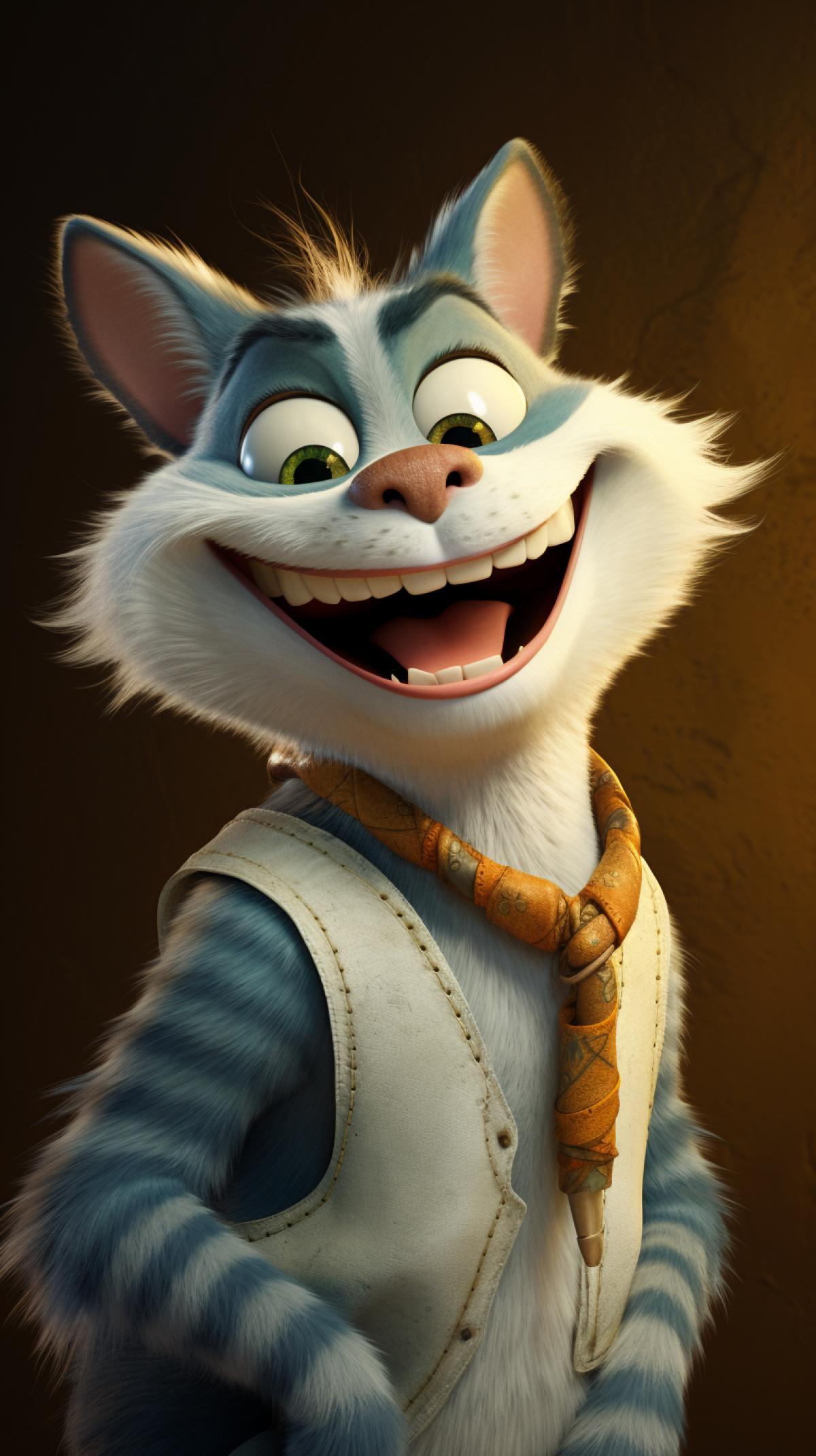 Still from the cartoon: Sly, smiling cat from the cartoon Shrek