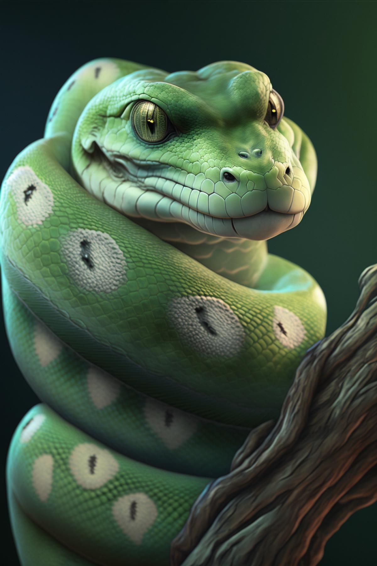 Photorealistic portrait of a smiling green tree python